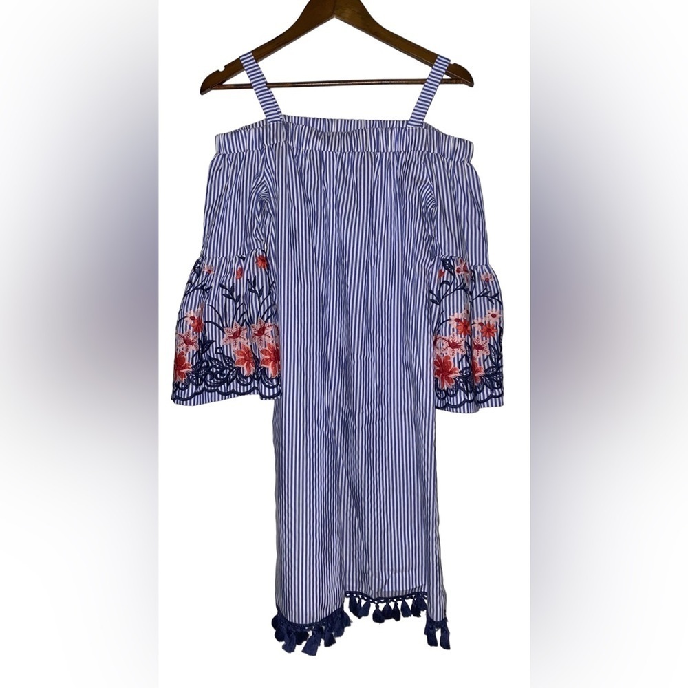Jessica‎ Howard Women Pom Pom Hem Sz 10 Off Shoulder Stripe Mini Hippie Boho